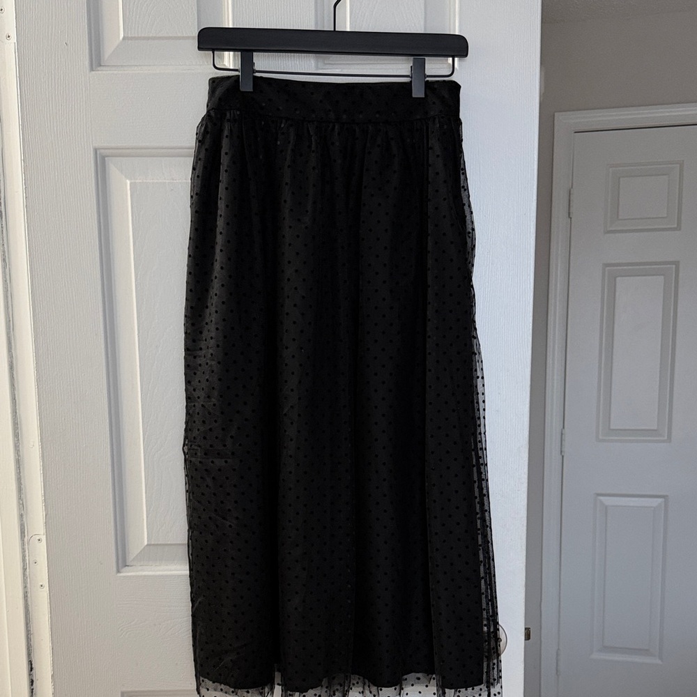 LOFT Black Sheer Polka Dot Midi Skirt